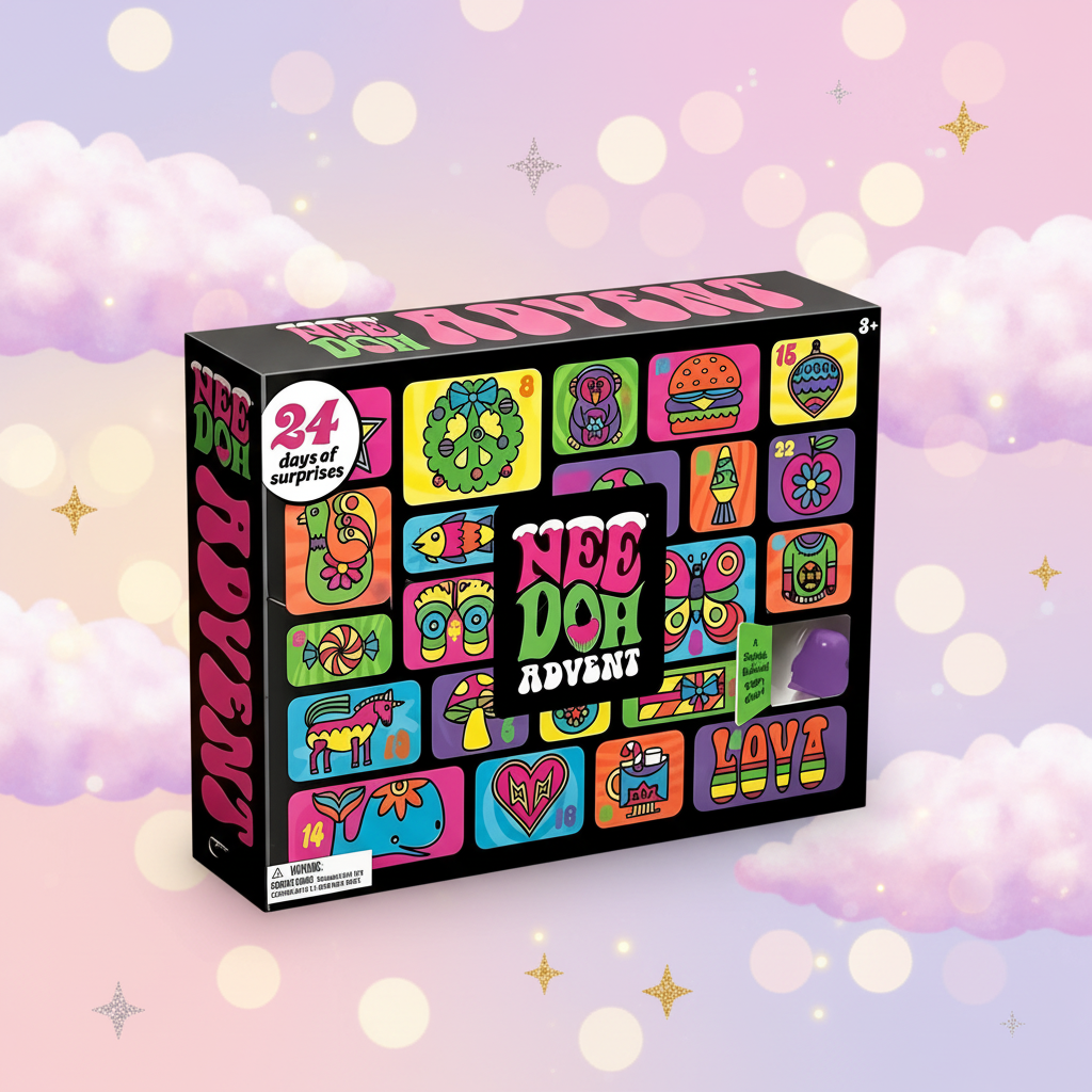 Calendrier de l'Avent NeeDoh 24 surprises squishy sur fond pastel kawaii